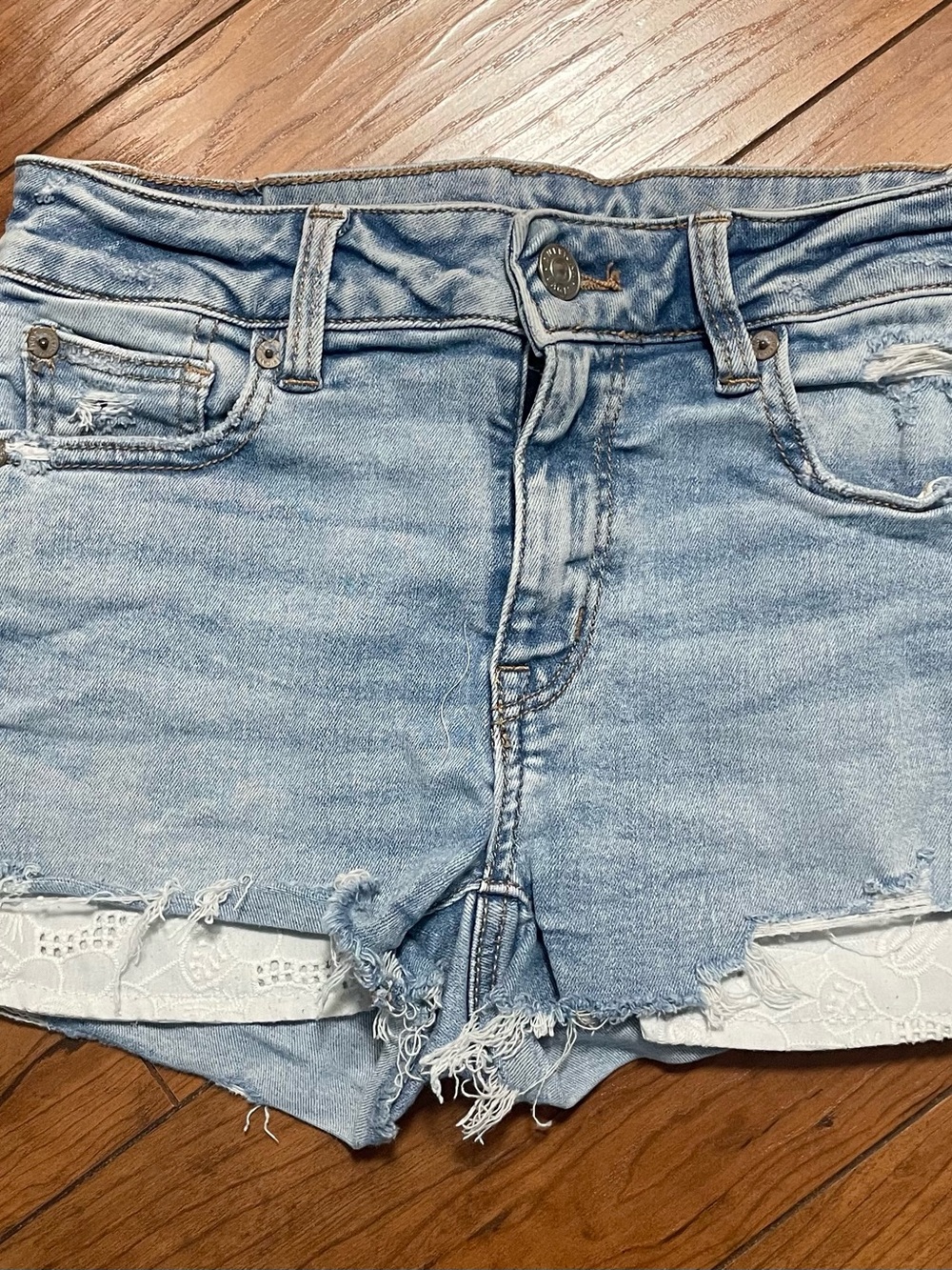 American Eagle Outfitters Light Blue Distressed Denim Shorts with Lace Trim